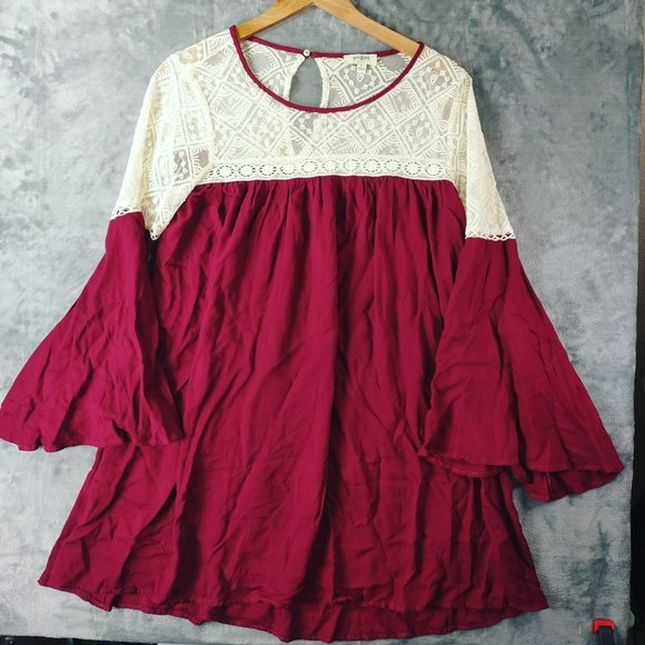 Umgee USA Womens Red Cream Crochet Bell Sleeve Babydoll Tunic Top Large Boho - Picture 1 of 8
